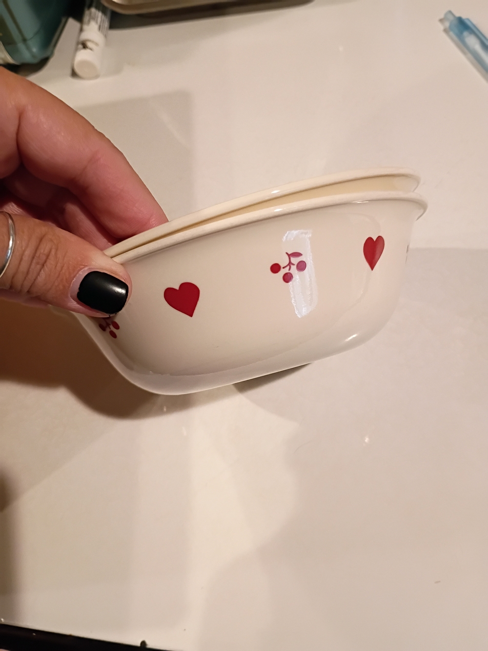 Corelle Cream Serving Bowl with Red Hearts & Cherries